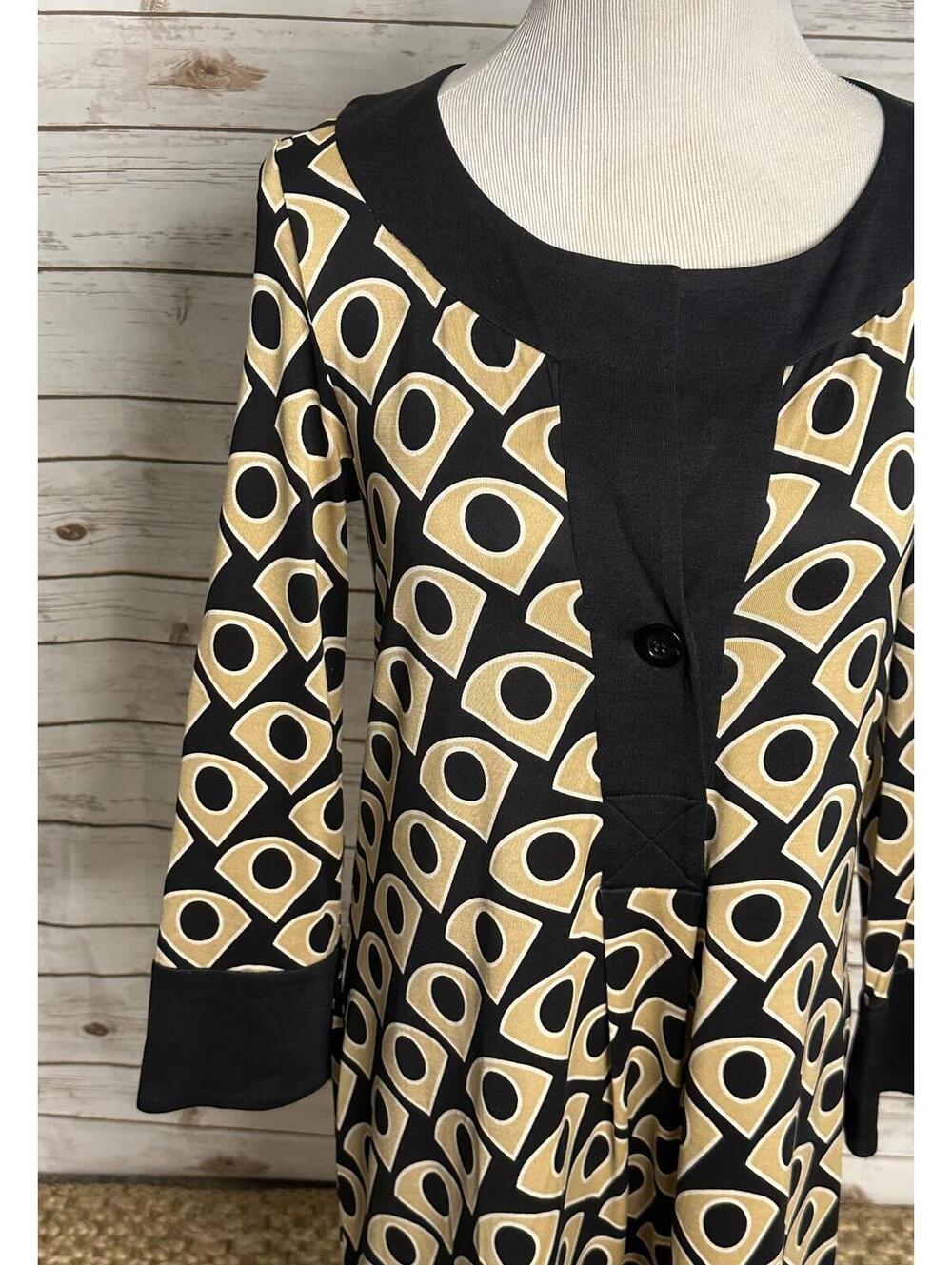 Diane von Furstenburg silk shift dress Size 10 black/gold geometric mod retro - Picture 4 of 8